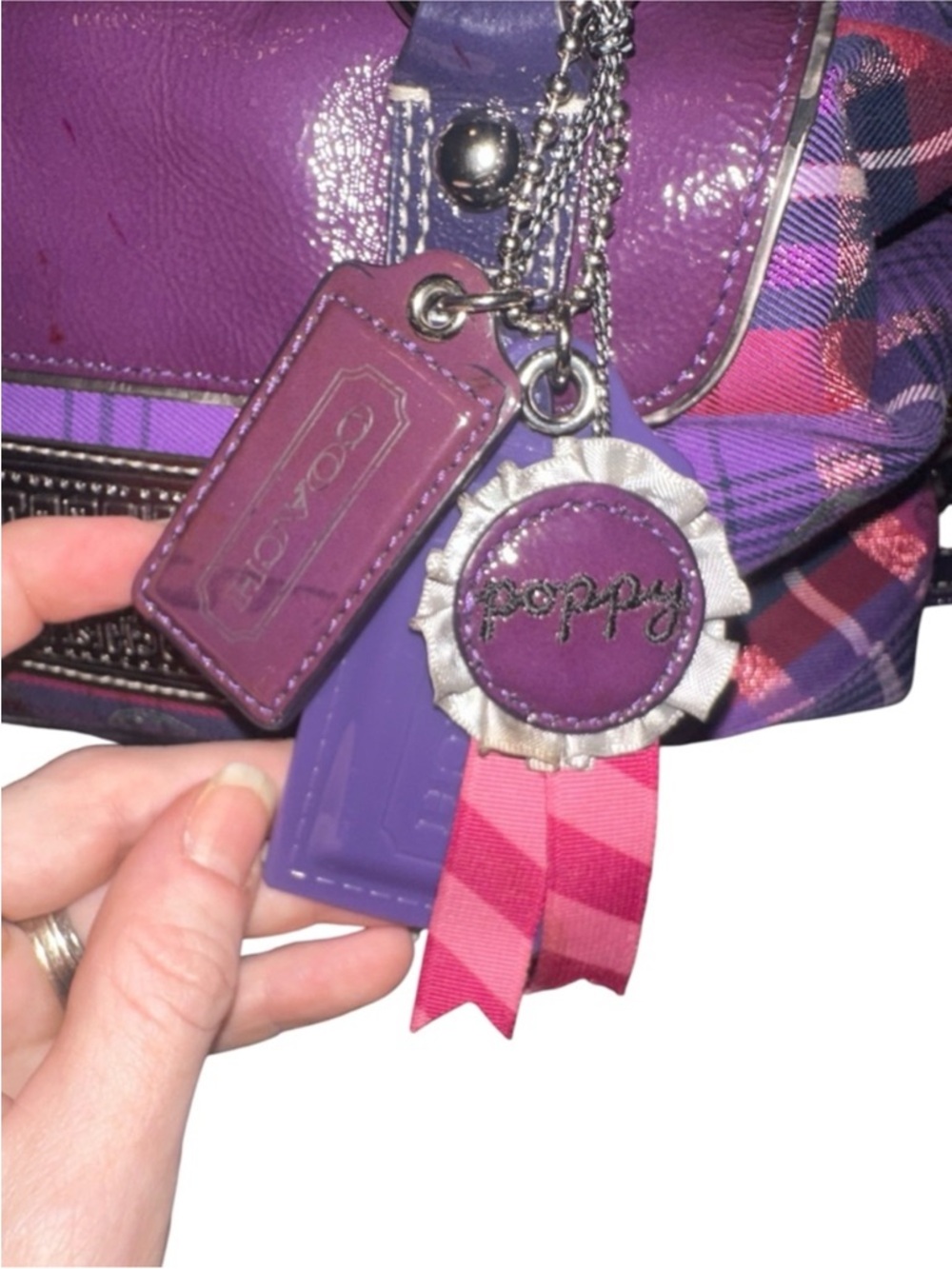 Coach Poppy Tartan Purple Plaid Satchel with Magenta Accents 4 hang tags - Picture 6 of 16